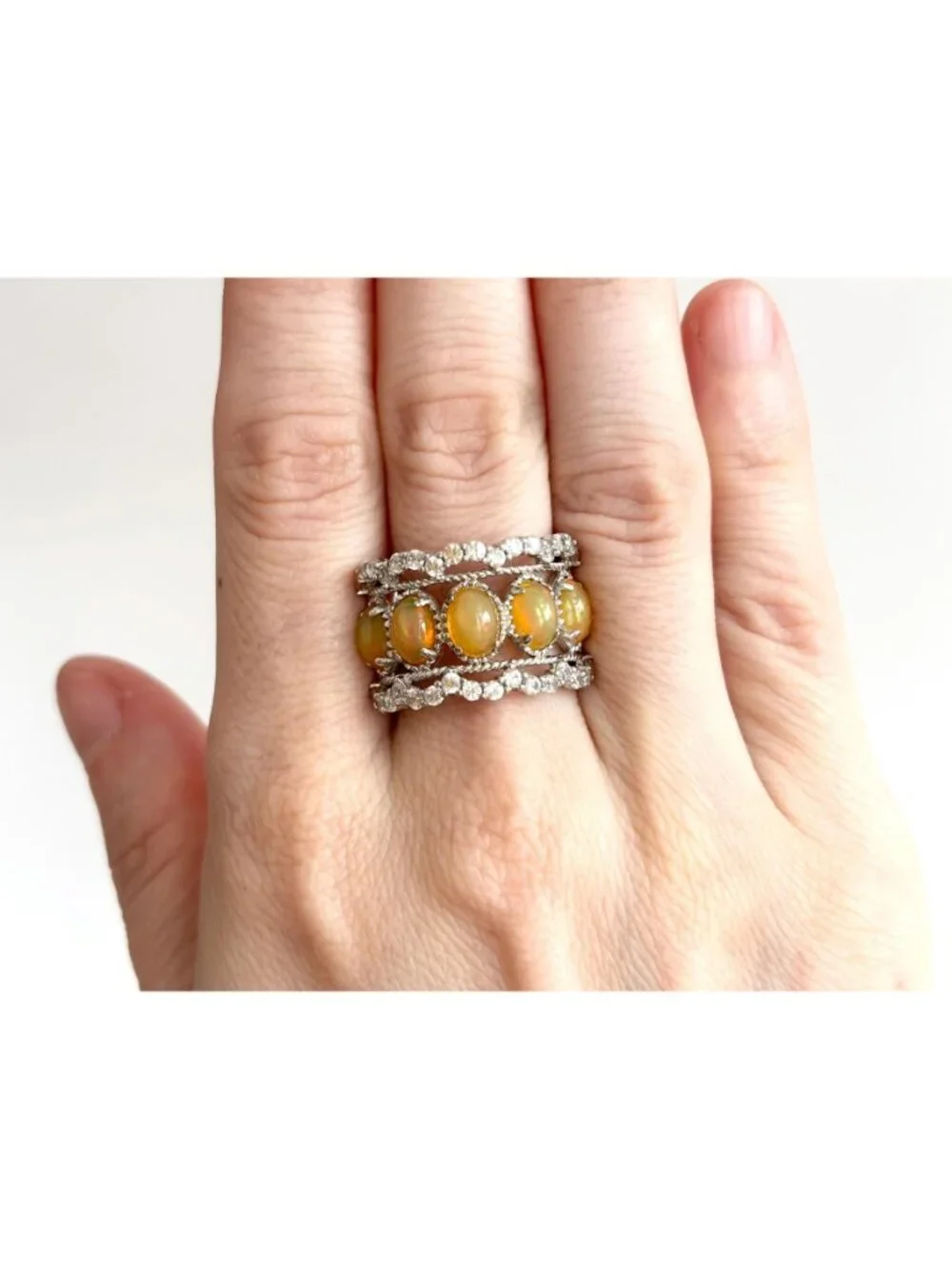 Ethiopian Opal Stone Row Set Scalloped Sterling Silver 925 Vintage Ring - sz 8